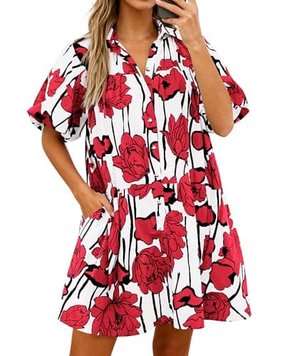 PRETTYGARDEN Womens Summer Dresses 2026 Casual Puff Sleeve Button Down Mini Shirt Dress Boho Floral Babydoll Sun Dress(Red,X-Large) - Image 1
