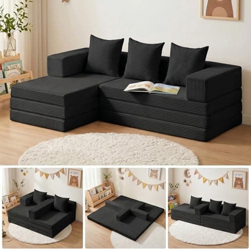 Ziydily Boneless Couches for Living Room, L Shaped Couch with Chaise, 4-in-1 Comfy Corduroy Fluffy Sofas, Flexible Module Combination Compact Room Couch, No Assembly, Black - Image 1