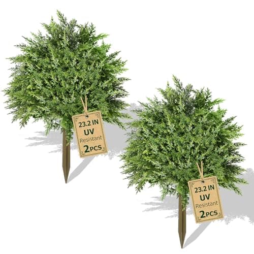 2 Pack Artificial Cedar Topiary Ball Trees, 23.2" UV-Resistant Fake Cypress Plants with Ground Spikes, Realistic Evergreen Artificial Topiary Cedar Bushes for Indoor/Outdoor Front Porch & Garden Decor