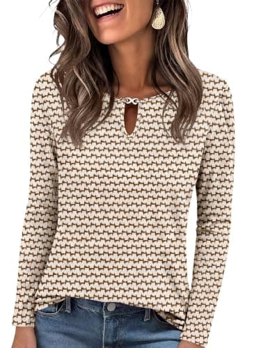 ANRABESS Women's Metal Keyhole Neck Long Sleeve Shirt,Floral Brown,XXL - Image 1