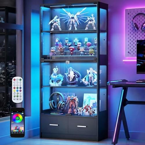 Lamtor 67" Glass Display Cabinet - Seal Strip Display Case with Lock & RGB LED Lights for Collectibles, 2 Drawers Curio Cabinet for Living Room, Office, Black - Image 1