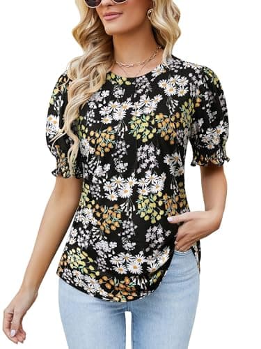 Ezcosplay Womens Hawaiian Shirt Puff Short Sleeve Tropical Print Outfits Casual Pleated Tops Summer Floral T-Shirt Black - Image 1