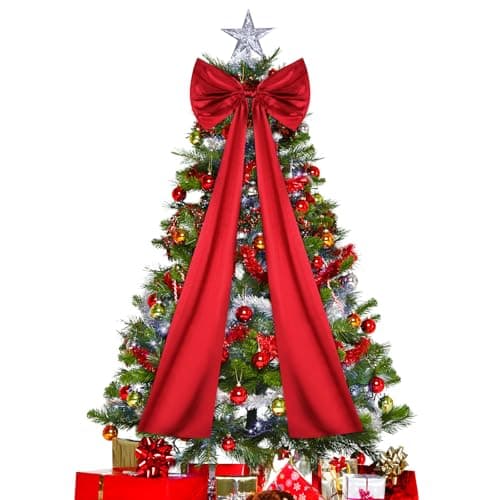 Christmas Tree Topper Bow, 23.6 x 87 Inch Giant Christmas Tree Toppers Satin Bows Christmas Decorations, Christmas Wreath Bows for Home Party Wedding Car Holiday Decor Supplies (47 Inch Red Bow) - Image 1