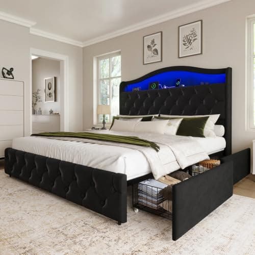 Uteeran Queen Size Bed Frame and Headboard & 4 Storage Drawers