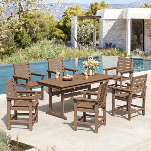 Homenjoy 7 Piece Patio Dining Set, 66" Rectangle HDPS Weather Resistant Outdoor Table & 6 Patio Chairs Set with 1.96" Umbrella Hole, Heavy Duty Chairs for Backyard Balcony Deck, Brown - Image 1