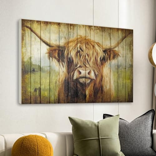 llribbons Handmade Highland Cow Pictures Wall Decor Rustic Farmhouse Bathroom Cow Pictures Wall Art Canvas Painting 3D Textured Fabric Tape Prints for Living Room Bedroom Kitchen Home 20" x 28" - Image 1