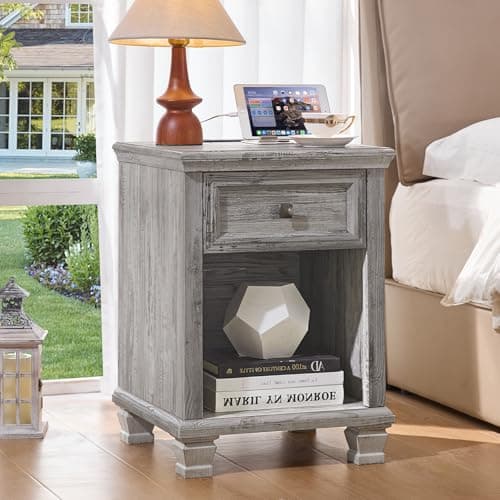 SAVOR LIFE Farmhouse Nightstand with Charging Station, Rustic Wood Nightstand with 1 Drawer, Bedside Table with Open Shelf for Bed Room, End Table for Living Room, Grey - Image 1