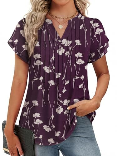 Funlingo Womens Blouses Dressy Casual Short Sleeve Business Casual Floral Tops Chiffon Professional Office Pleated Work Shirts 2026 Beige Floral S - Image 1