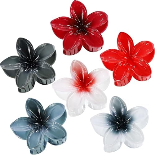 CHANDAT Flower Hair Clips 6 PCS Hawaiian Claw Clips for Vacation Hibiscus Hair Claw Clips Cute Large Hair Clips for Thick and Thin Hair Plumeria Hair Accessories for Women Girls -Dark Color - Image 1