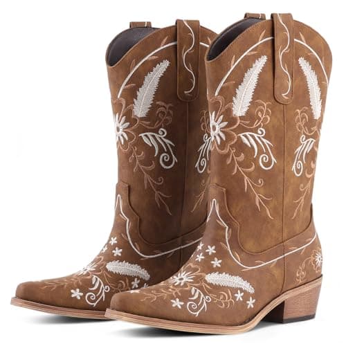 LingxiaUne Cowboy Boots for Women, Mid Calf Western Cowgirl Boots with Elegant White Floral Embroidery Pull On Retro Design - Image 1