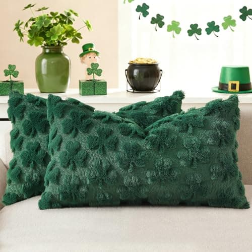 decorUhome St. Patrick’s Day Shamrock Green Pillow Covers 12x20 Inch Set of 2, Soft Plush Faux Wool Throw Pillow Covers, Farmhouse Spring Holiday Decor for Sofa Living Room