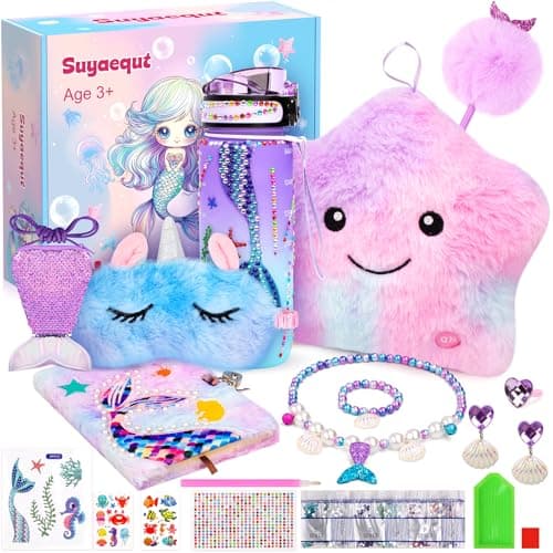 Suyaequt Mermaid Toys Gifts for Girls Age 4-6 7 8 9 10, Unique Girls Birthday Gifts Set with Locked Diary, Kids Purse, Plush Light Up Star Pillow, DIY Water Bottle Kits, for Christmas - Image 1