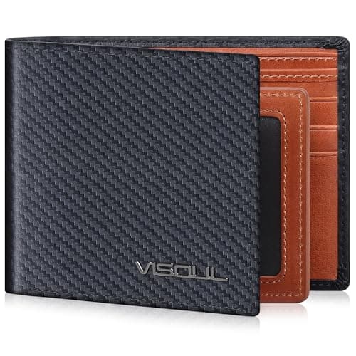 VISOUL Mens Bifold Wallet with 2 ID Windows Carbon Fiber Leather, RFID Blocking Wallet with 2 Money Compartments, Stylish Two-tone Back Pocket Wallet for Men (Black+Orange) - Image 1