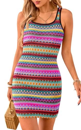 PRETTYGARDEN Womens 2026 Summer Mini Dresses Square Neck Sleeveless Tank Bodycon Striped Boho Sundresses Beach Vacation Criuse Outfits (Purple, XXL) - Image 1
