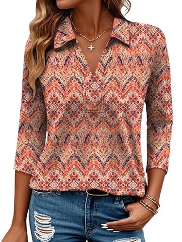 Bellcoco Summer Tops for Women 3/4 Length Sleeve Tops and Blouses Dressy Business Casual Outfits Work Cruise 2026,Floral Coral,L - Image 1