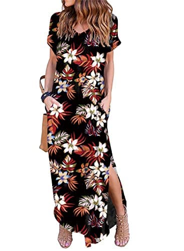 Camdoria Womens Hawaiian Maxi Dress with Pockets Summer T Shirt Sundresses Long Casual Beach Loose Short Sleeves Tropical Split Dresses Small - Image 1
