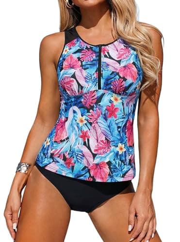 ZAFUL Tummy Control Swimsuits for Women Tankini Bathing Suits with High Waisted Bottom 2 Piece Swimsuits Modest Swimwear Sporty Swim Suit Red Blue Leaf L - Image 1