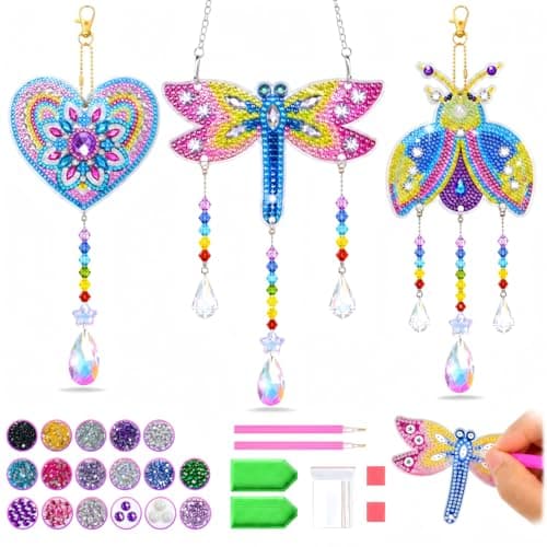 Diamond Art Kits for Kids Ages 8-12, 3PCS DIY Diamond Art Painting, DIY Sun Catcher Wind Chimes for Home/Garden/Classroom Decor, Creative Gem Painting Gifts for 8 9 10 11 12 Year Old Girls Teen Adults