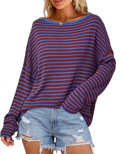 Arach&Cloz Women's Linen Blend Striped Beach Sweater Vacation Outfits Spring Summer Long Sleeve Boat Neck Off One Shoulder Casual Lightweight Oversized Tops 2026 Burgundy Blue XXL - Image 1