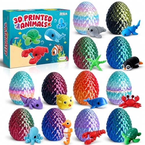 Zesua Party Favors for Kids - 12 Pcs 3D Printed Articulated Ocean Animals in Sparkle Eggs, Sensory Fidget Toys, Classroom Prizes, Easter Basket Stuffers, Christmas Stocking Stuffers