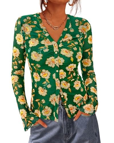 BTFBM Button Down Shirts for Women 2026 Spring Boho Tops V Neck Long Sleeve Blouses Ruched Mesh Fitted Fashion Clothing(Army Green, Large) - Image 1