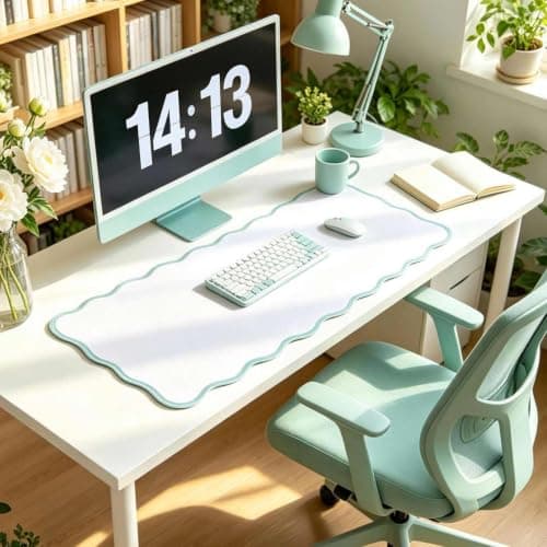 Yuboo Teal Scalloped Desk Mat for Women, 31"x15.7" Cute Waterproof Washable Non Slip Large Keyboard Mouse Pad, Cottagecore Aesthetic Desktop Pad for Gaming Office Dorm Desk Decor - Image 1
