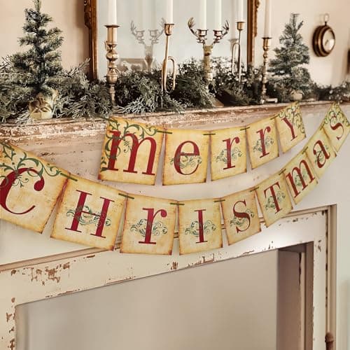 Christmas Decorations - Vintage Merry Christmas Banner - Retro Nostalgic Traditional Old Fashioned Victorian Xmas Holiday Clearance Decor for Indoor Home Office Fireplace Mantle Farmhouse - Image 1