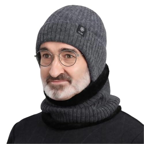 BSHITWO Year-Round Soft Thick Cotton Beanie & Neck Warmer Set for Men, Cozy Fleece-Lined Anti-Slip Daily Indoor Lounge Hat, Breathable All-Season Gift Set, Gray - Image 1