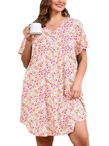AusLook Plus Size Floral Nightgown for Women Midi Sleep 1X Dress Short Sleeve V Neck Flowy Lounge House Dress Casual Printed Night Dress - Image 1