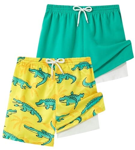 Funnycokid 2 Pack Boys Swim Trunks with Mesh Liner Yellow Crocodile Turquoise Green Quick Dry Board Shorts Colourful Boxer Bathing Suit UPF 50+ Swimsuits Anti-Chafe Beach Swimwear for Kids Size 8t 9t - Image 1