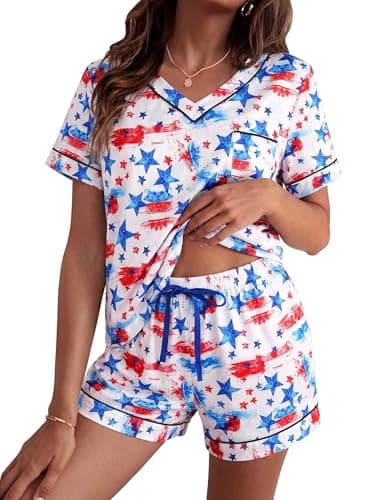 ASTANFY Pajamas for Women Set Two Piece Cherry Graphic Pjs Satin Princess Sleepwear Summer V Neck Short Sleeve Loungewear - Image 1