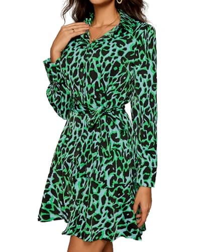 Women Long Sleeve Collar Neck Button Down Belt Shirt Mini Green Emerald Neon Green Leopard Animal Dress with Pockets Ladies XL Tie Waist Ruffle Hem Casual Work Office Business Vocation Dresses - Image 1