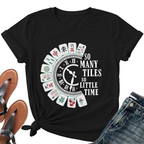 Mahjong Shirts for Woman-Mahjong Tiles Clock Short Sleeves Game Night Gift Top for Mahjong Players A-Black - Image 1