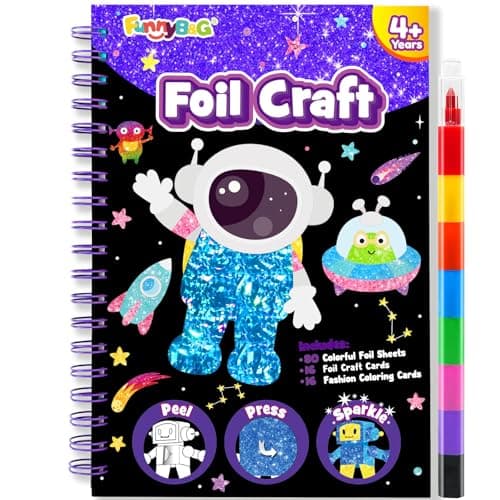 FUNNYB&G Foil Art Craft Kit for Boys 4-10 Years Old: Mess-Free & No-Glue, Create 16 Sparkly Space Pictures – Perfect Travel Toy & Birthday Gift for Kids (Space) - Image 1