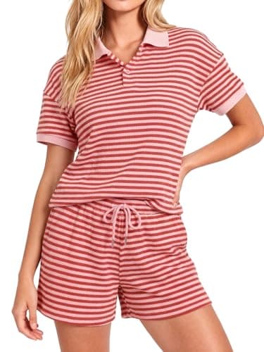 Casly Lamiit Lounge Set for Women Travel Outfits 2026 Summer Spring Color Block Tee Shirts Striped Shorts Beach Sets Two Piece Going Out Resort Wear Red Pink XL - Image 1