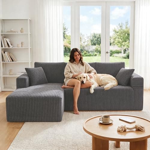 92.5" Modualr Sectional Sofa, L-Shaped Corduroy Cloud Couch with Chaise, Upholstered Boneless Couches for Living Room Bedroom, No Assembly Required - Grey(Left Facing Chaise) - Image 1