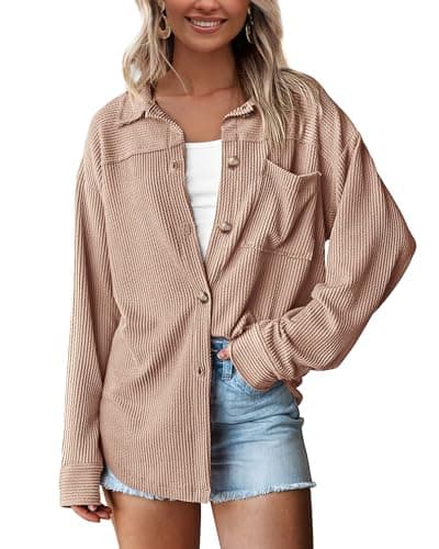 PRETTYGARDEN Women's Button Down Shirts 2026 Spring Long Sleeve Textured Tops Oversized Shacket Jacket Knit Blouses(Khaki,Large) - Image 1