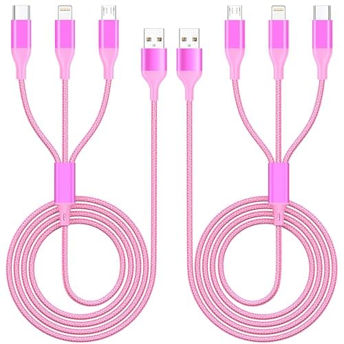 ShSiXin 3 in 1 Multi Charging Cable for Multiple Devices with USB-C/IP/Micro Port, USB Cable iPhone Charger Cord, Travel Car Charger Cord for iPhone17-8, Galaxy 25 Android iPad, 2Pack 4FT-Rose - Image 1