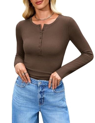 Misakia Long Sleeve Shirts for Women 2025 Spring Fall Tops Henley Button Ribbed Tunic Slim Fit Trendy Outfits Brown XXL - Image 1