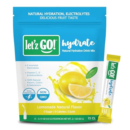Let'z Go! Hydrate- Natural Hydration + Electrolyte Drink Mix- Hydration + Electrolytes + Antioxidant Powder Packets, Natural Flavors, Vitamins C + D | No Sugar | No Calories | (15 Count) Lemonade - Image 1