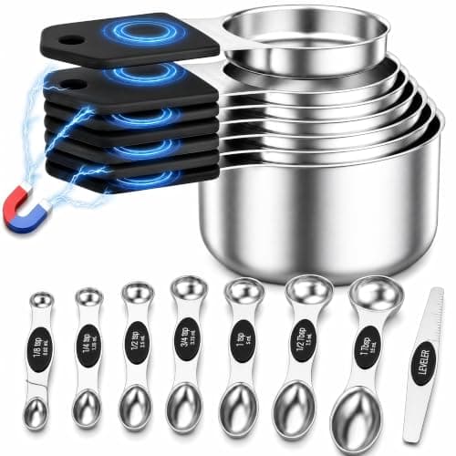 Magnetic Measuring Cups and Spoons Set, Strong N52 Magnets, Heavy Duty 304 Stainless Steel Fits in Spice Jars for Baking & Cooking, BPA Free, Round Set of 15 with Leveler Black - Image 1