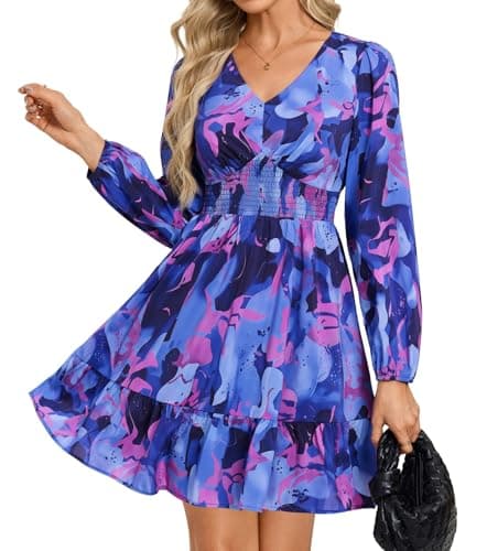 GRACE KARIN Summer Floral Mini Dress 2026 Fall Long Sleeve Wedding Guest Dress A Line Flowy Boho Short Dresses with Pockets Blue Pink Floral XL - Image 1