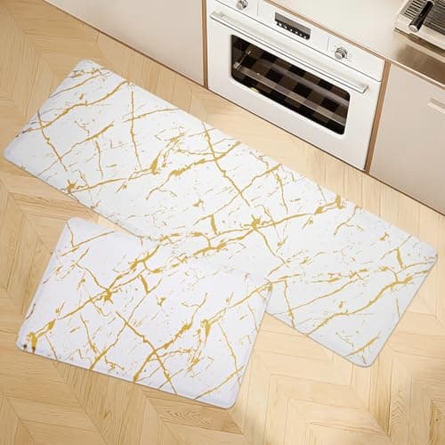 UKISS marbling Kitchen Rugs, Cushioned Kitchen Mats, Anti Fatigue Mat for Floor, Waterproof Kitchen Rug,Non-Slip Comfort Standing Mat for Kitchen&Office (White, 17.3 x 28 inches+17.3 x 47inches)