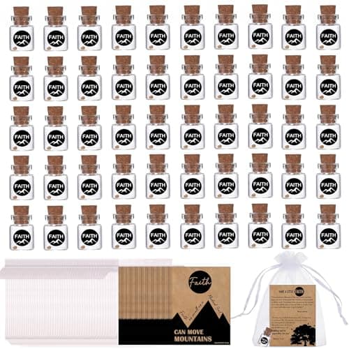 Qpige 50 Pack Christian Faith Favors Bulk, Mini Glass Bottle Keepsakes with Matthew 17:20 Cards & Organza Bags, "Move Mountains" Religious Inspirational Gifts for Church, Baptism, Sunday School(Kraft-Round-50Pcs)
