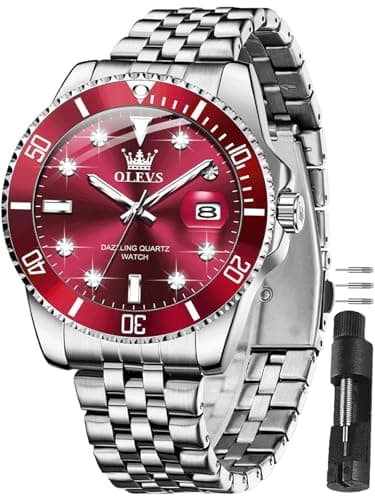 OLEVS Watch Men,Red Watches for Men,Silver Men's Watch Red Face,Mens Dress Watchs,Stainless Steel Watches for Man with Date,Style Surprise Gift for Him,Waterproof Male Wristwatch,Relojes para Hombres - Image 1