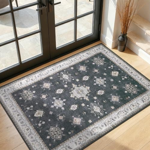 2'x3' Washable Area Rug Non-Slip, Vintage Floral Medallion Distressed Entryway Kitchen Bathroom Mat, Soft Low Pile Indoor Floor Carpet for Hallway Laundry, Navy Blue & Ivory Vintage - Image 1