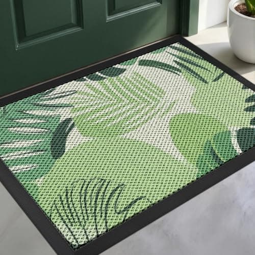 WELDUN Front Door Mat, Heavy Duty Non-Slip Rubber Dirt Trapper, Quick-Dry Low-Profile Washable Easy Clean, Welcome Mat for Indoor Outdoor Entryway Porch Patio Garage Mudroom 30"x17", Green Leaves - Image 1
