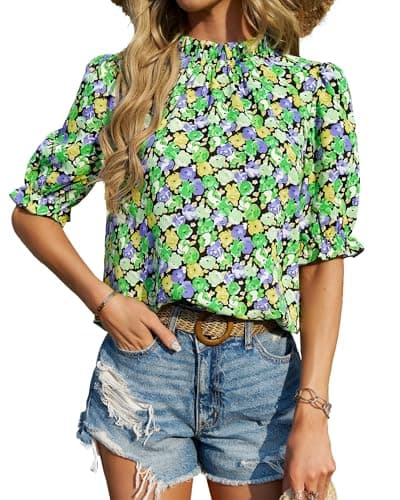 BTFBM Womens Tops 2026 Dressy Casual Blouses Summer Spring Clothes Mock Neck Short Sleeve Shirts Business Work Fall Outfits(Floral Green Black, Small) - Image 1