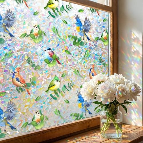Stained Glass Privacy Window Film 3D Rainbow Bird & Leaf Window Privacy Film Decorative Static Cling UV Blocking No Peeling No Glue with Installation Kit for Kitchen Bathroom Rental 29.5" W x 78.7" H - Image 1