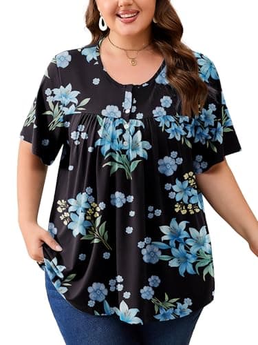 AusLook Plus Size Floral Tunic Tops for Women Pleated Babydoll Blouse Short Sleeve Round Neck Loose Fit Casual Flowy Black Blue Lily Bouquet 5X Tunic Shirts Summer Tops to Wear with Leggings - Image 1